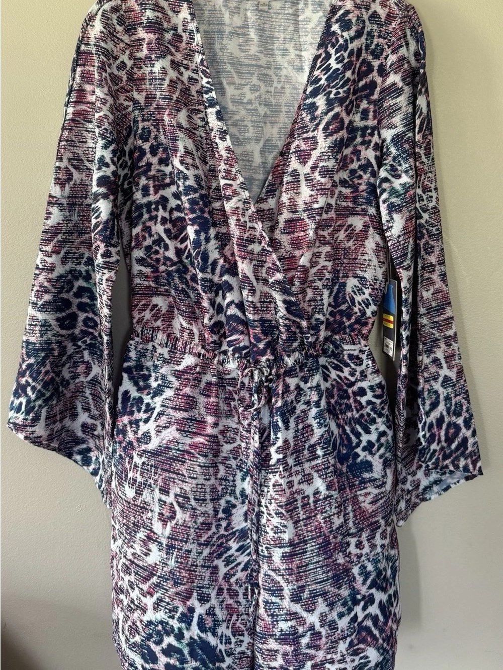 Jennifer Lopez Navy, Burgundy & White Leopard-Print Wrap Robe